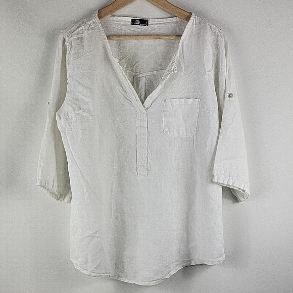 Tops - Breathable White V-Neck Linen Shirt, 3/4 Sleeves